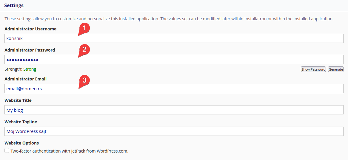 Installatron WordPress Admin data