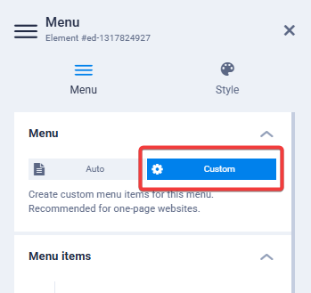 sitejet menu custom option