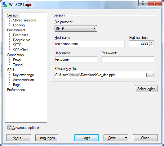 WinSCP konfiguracija konekcije