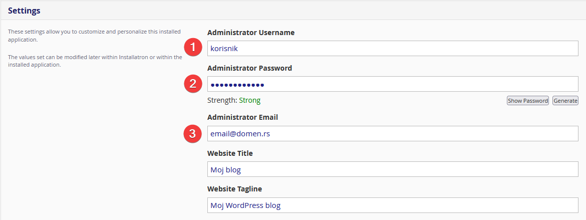 Installatron WordPress Admin data