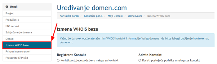 Izmena WHOIS baze