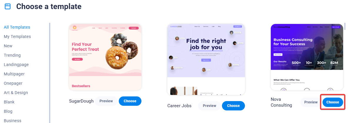 sitejet choose template