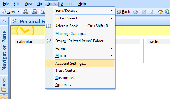 Outlook menu