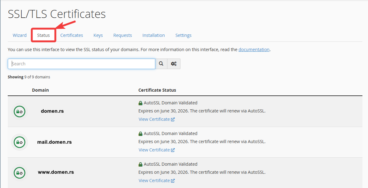 SSL/TLS lista domena