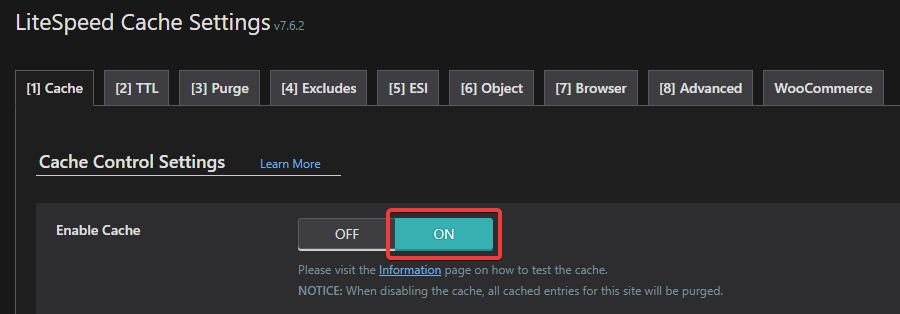 wordpress litespeed enable cache